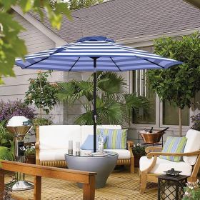 9FTBlue and White Stripe Outdoor Patio Umbrella with Push Button Tilt and Crank Handle, Market Umbrella with 8 Sturdy Umbrella Ribs