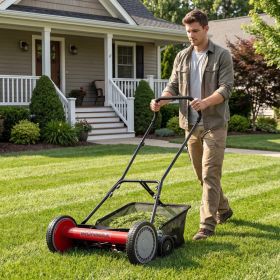 18 Inch Push Reel Lawn Mower 4-Position Adjustable with Removable Grass Catcher (Color: Red)