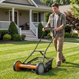 18 Inch Push Reel Lawn Mower 4-Position Adjustable with Removable Grass Catcher (Color: orange)